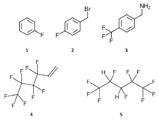 本研究中使用的含氟化合物的化学结构。（1）氟苯;（2）4-氟苄基溴;（3）[4-（三氟甲基）苯基]甲烷胺;（4）全氟 - 正丁基乙烯，商品名Zonyl®PFBE;（5）2H，3H-甲氟戊烷，商品名Vertrel®XF。